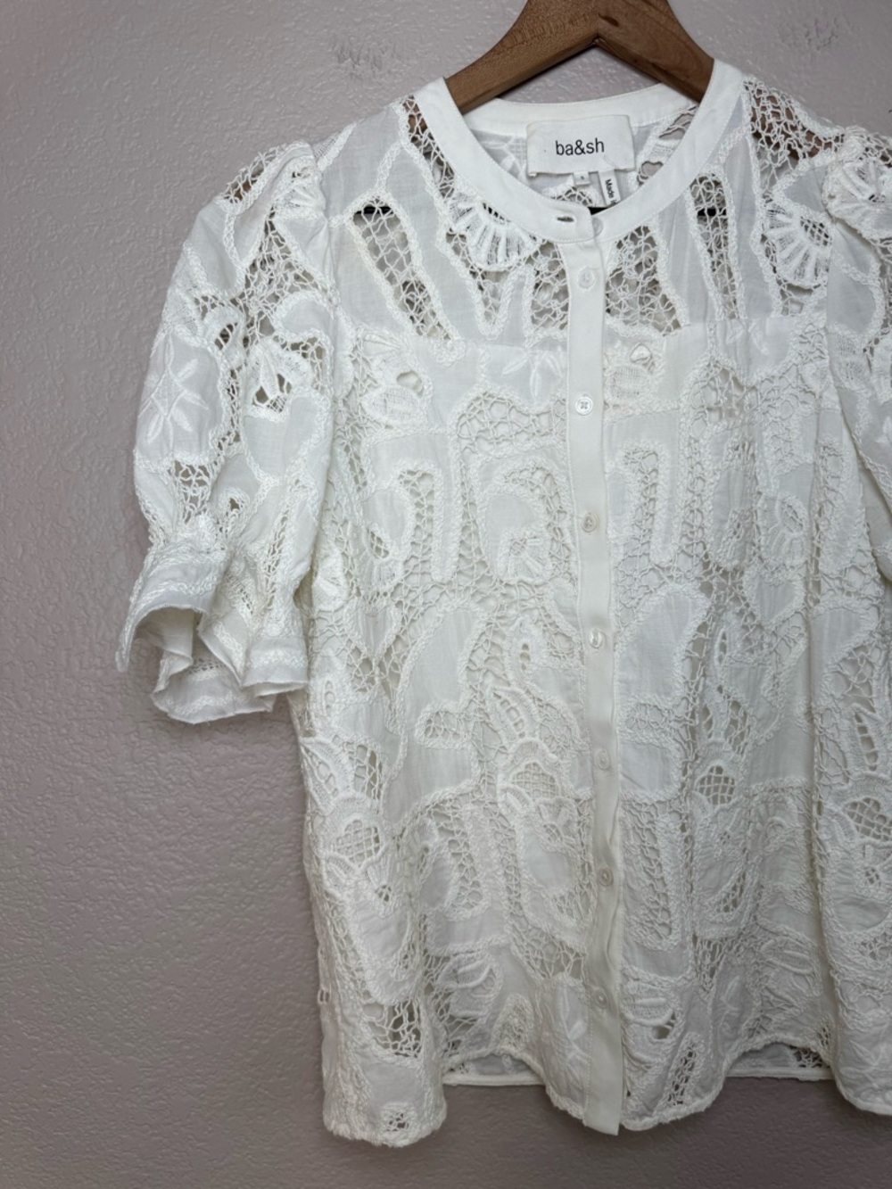 BA&SH Irkin Guipure Lace White Short Sleeve Button Down Blouse Small $230 - Picture 11 of 16